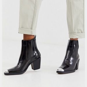 Steel Toe Cap Block Heel Booties in Black